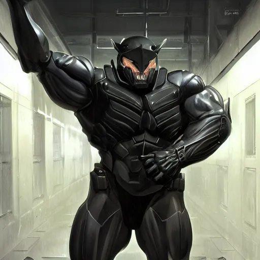 Prompt: a herculean anthro horse with an enormously muscular physique prowling in a black stealth suit, corridor of a high - tech facility, highly detailed, digital painting, artstation, concept art, illustration, art by artgerm, greg rutkowski, wlop