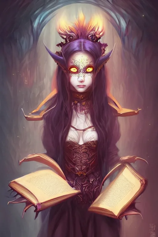 Prompt: gorgeous!!! hyper - realstic sorceress with a kitsune mask, holding a tattered magical book, casting a spell | drawn by wlop, drawn by jeehyung lee, drawn by artgerm | fantasy, dark, intricate, highly detailed, digital painting, character design, concept art, illustration, artstation