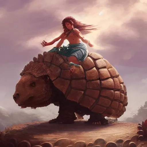 Prompt: yanonami riding a glyptodon, greg rutkowski, fantasy, intricate, elegant, highly detailed, digital painting, artstation, concept art, long shot, cinematic lighting
