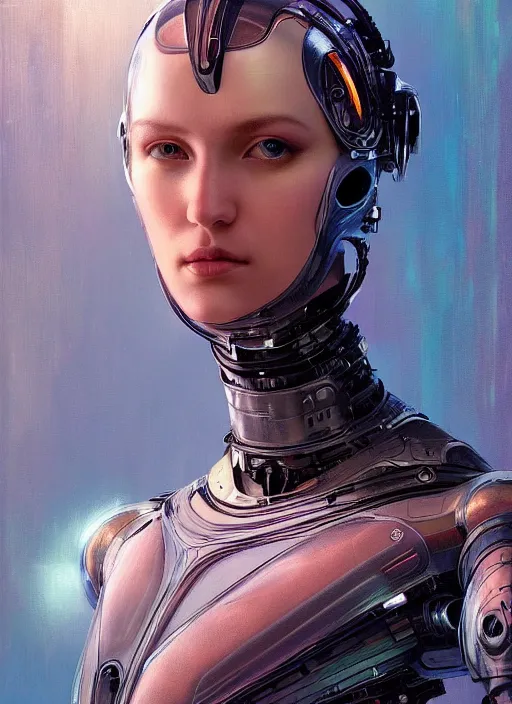 Image similar to portrait of a beautiful female android, coy, circuitry visible in head, in the style of ex machina, karol bak, greg rutkowski, artstation,