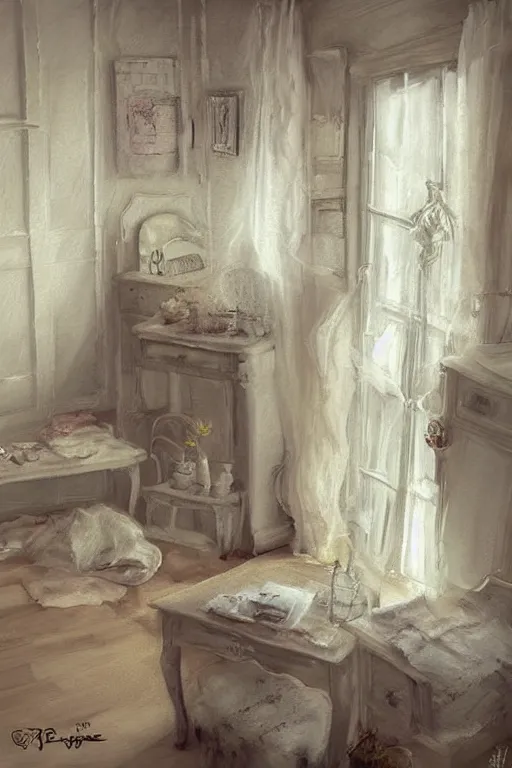 Image similar to shabby chic dressing room, vanilla colored lighting, soft painted room, wood floor, yellow lighting bare room, empty room, studio room, window to night time, warm lighting inside, by artgerm