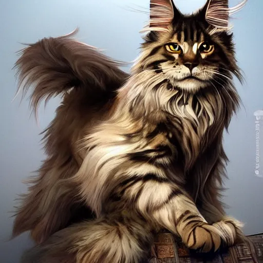 Image similar to maine coon, anthropomorphic large maine coon, dnd bipedal character, musketeer outfit, aware. furry. dnd character concept, dnd digital painting, dnd artstation, dnd concept art, smooth, super sharp focus, illustration, art by artgerm and h r giger and alphonse mucha