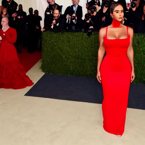 Prompt: kanye west, walking down a red carpet, wearing a red dress!!, fashionista!!, red carpet, [ 4 k photorealism ]!!, fashion photography, 4 k quality