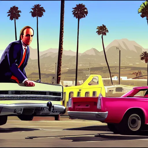 Image similar to Saul Goodman in GTA V . Los Santos in the background, palm trees. In the art style of Stephen Bliss.