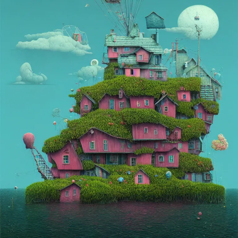 Image similar to house on island, sea cloud, surreal art by gediminas pranckevicius, geof darrow, dark shadows, hard lighting, floralpunk, inking, etching, screen print, masterpiece, trending on artstation, sharp, colorful high contrast hd, 8 k hyper detailed