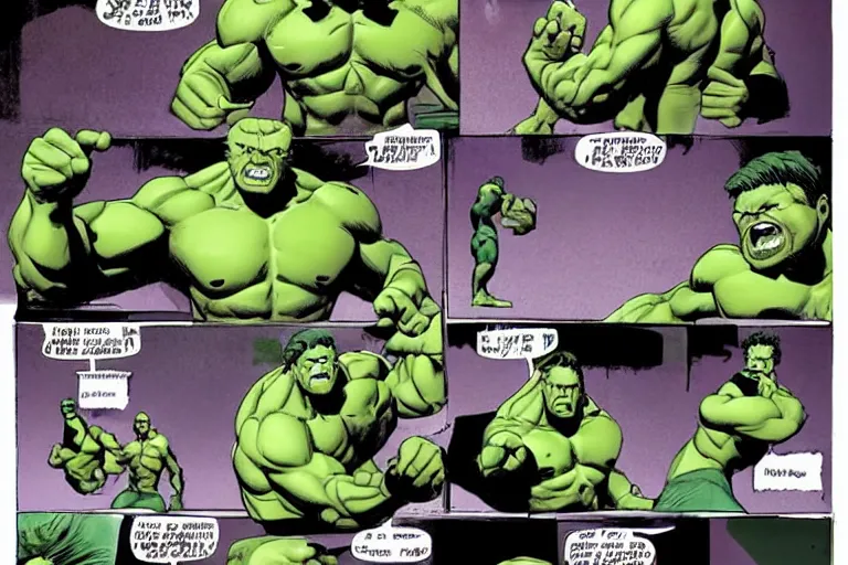 Prompt: hulking out, hulkout, turning into the hulk, comic sequence, sequential art, dynamic posing, cinematic, action, motion