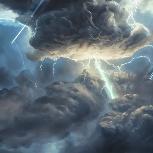 Image similar to an epic painting of Zeus flying on a lighting in thunderclouds by Diego Gisbert Llorens, Zeus flying on a lighting, epic painting, masterpiece, hyperdetailed, artstation, cgsociety, 8k