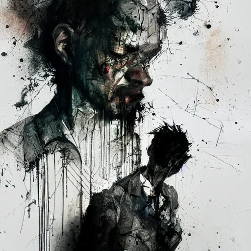 Image similar to man stealing energy from another man by emil melmoth zdzislaw belsinki craig mullins yoji shinkawa realistic render ominous detailed photo atmospheric by jeremy mann francis bacon and agnes cecile ink drips paint smears digital glitches glitchart