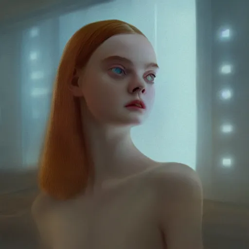 Prompt: Elle Fanning, extremely detailed masterpiece, hyper-realism, oil on canvas, low-key neon lighting, artstation, Blade Runner 2049, Roger Deakin’s cinematography, by Dennis Wojtkiewicz,