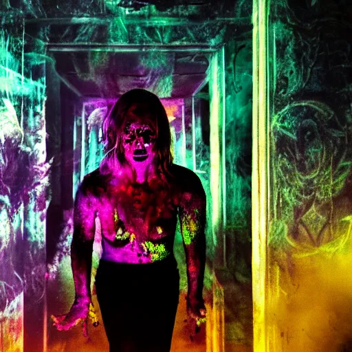 Image similar to big budget horror scene, chaos induce psychedelic colors, ultra definition, cinematic, professional lighting, liminal dark void craze, photograph by Lucifer