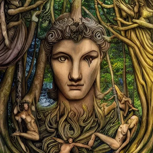 Image similar to greek gods in forest, three eyed, wide wide shot, dry, in water, colors, eye in forehead, pins, very detailed, wet eyes reflecting into eyes reflecting into infinity, beautiful lighting