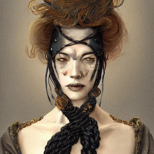 Image similar to portrait of a Shibari rope wrapped face and neck, headshot, insanely nice professional hair style, dramatic hair color, digital painting, of a old 15th century, old cyborg merchant, amber jewels, baroque, ornate clothing, scifi, realistic, hyperdetailed, chiaroscuro, concept art, art by Franz Hals and Jon Foster and Ayami Kojima and Amano and Karol Bak,