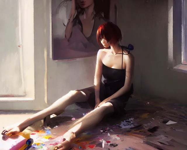 Image similar to A ultradetailed beautiful portrait panting of a stylish woman sitting on the ground of a messy apartment, Oil painting, by Ilya Kuvshinov, Greg Rutkowski and Makoto Shinkai