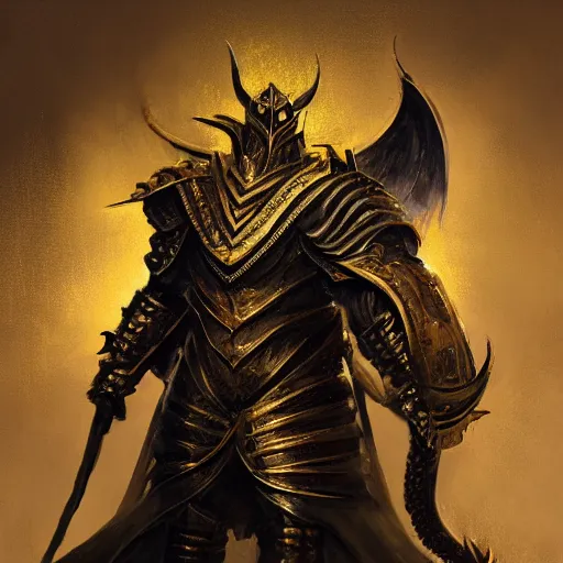 Image similar to anthropomorphic dragon warrior stands tall wearing black and gold plate armor, oil painting, Tooth Wu, Greg Rutkowski, RPG, dynamic lighting, fantasy art, High contrast, depth of field