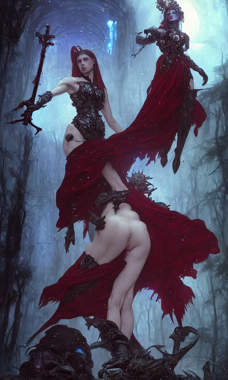 Prompt: full figure, female techno necromancer, pale skin, red cloath, holding a sword wrapped in blue sparkling magic, walking towards the camera, camera pulled back far, detailed illustration, intricate details, surrounded by werewolves, 8 k post processing, scary atmospheric lighting, hyper realistic art by artgerm and greg rutkowski and alphonse mucha and lee bermejo