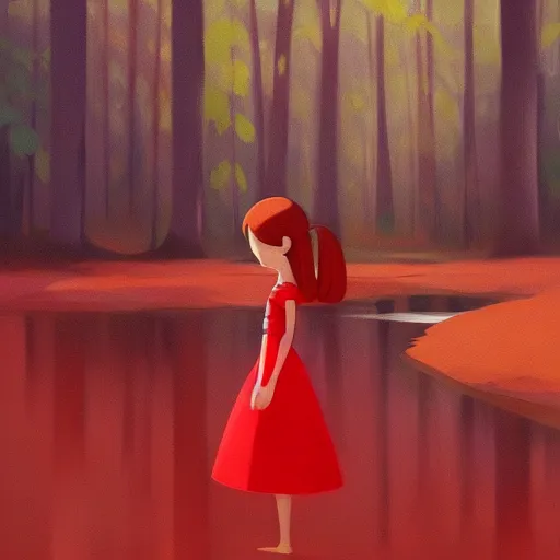 Image similar to goro fujita ilustration brunette girl in red dress crossing ( a small river in a forest ), painting by goro fujita, sharp focus, highly detailed, artstation