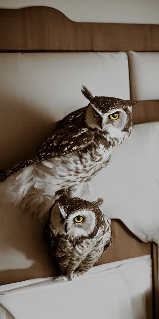 Prompt: a polaroid of gigant owl perched in the bed headboard, dramatic lighting, 55mm
