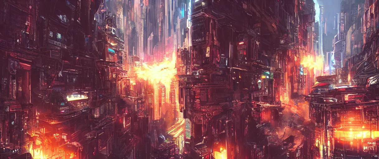 Prompt: a beautiful and detailed illustration of an explosion in a cyberpunk city in a canyon by , cinematic atmosphere, establishing shot