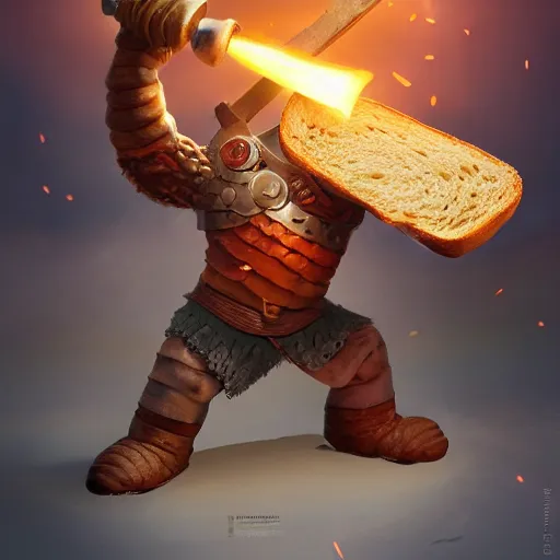 Image similar to viking battle toast, a slice of toasted bread with a face, arms and legs, holding a sword, cute, pixar, volumetric lighting, dynamic composition, fantasy, hyper detailed, ultra realistic, sharp focus, octane render, concept art by ruan jia and heng z and artem