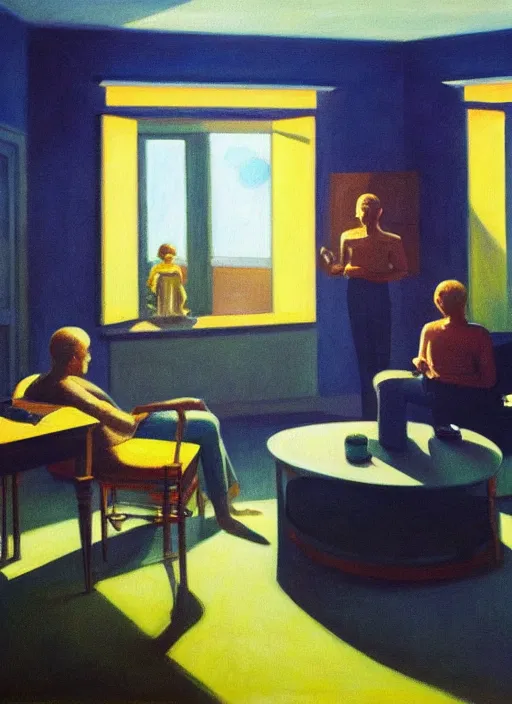 Image similar to painting of a family building getting lectured by a very large alien in their suburban living room, energetic orbs in the air, in the style of edward hopper