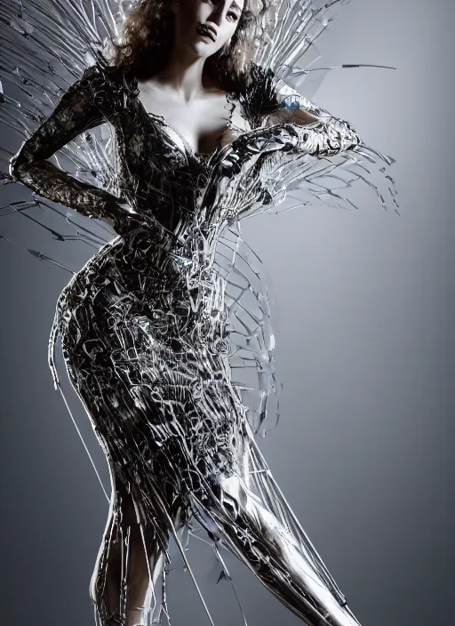 Prompt: expressive full body photo of 2 0 years old bridget bardot, dress made of steel blades, glamour shot, by karol bak, stefan gesell, photorealistic, nikon d 4 x, fashion photography, hyper maximalist, elegant, ornate, luxury, elite, environmental portrait, symmetrical features, octane render, unreal engine, solid dark grey background, dramatic lights