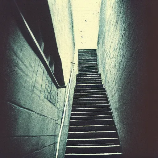 Image similar to a manaquien at the top of a dark stairwell, shadowy, abandoned, old polaroid, blurry photo, expired film,