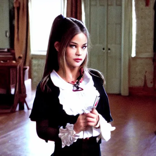 Image similar to film still of sofia vergara as a gothic schoolgirl, directed by quintin tarantino.