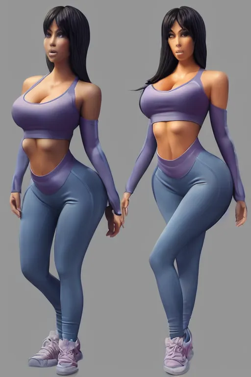 Image similar to photorealistic 3 d render of kim kardashion as an impossibly curvy anime girl wearing a gym outfit, by artgerm and earl norem, featured on pixiv, booru, exaggerated proportions, high resolution digital art, 4 k, beautiful symmetric face, subsurface scattering, volumetric lighting, realistic skin texture, aesthetic!!!!!