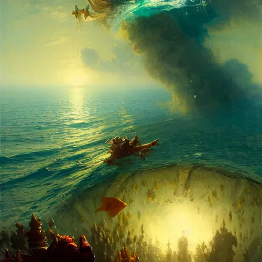 Image similar to point of view of deep in the ocean looking up, you see fishes, higher up you see very clearly the milk way illuminating the sea down bellow. highly detailed painting by gaston bussiere, greg rutkowski 8 k