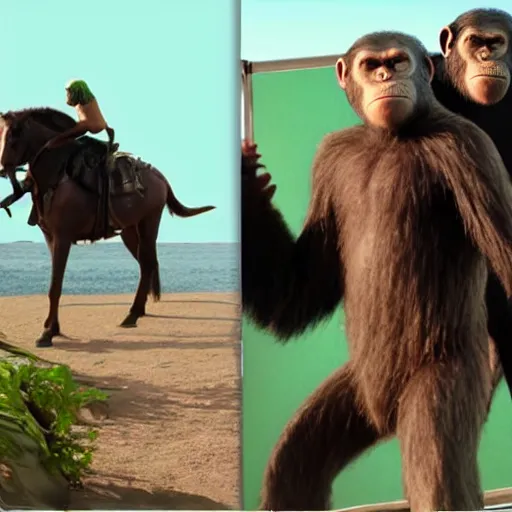 Prompt: green screen student film reenactment of planet of the apes