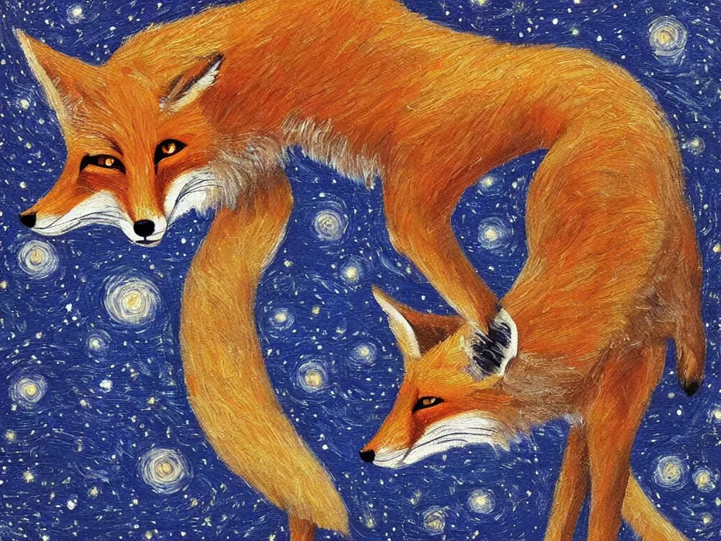 Prompt: a centred zoomed out painting of a fox in the style of Starry Night, highly detailed