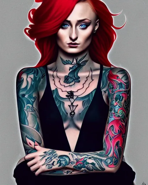 Prompt: beautiful woman Sophie Turner with full sleeve tattoos and neck tattoo, symmetrical face, red hair, portrait, Charlie Bowater character art, cinematic lighting