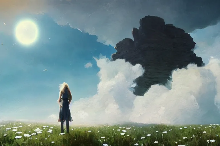 Prompt: giant white daisy flowers blooming over head, girl standing on cliff, surreal photography, solar eclipse, milky way, dramatic light, impressionist painting, clouds, digital painting, artstation, james gilleard, liam wong, jeremy mann, simon stalenhag