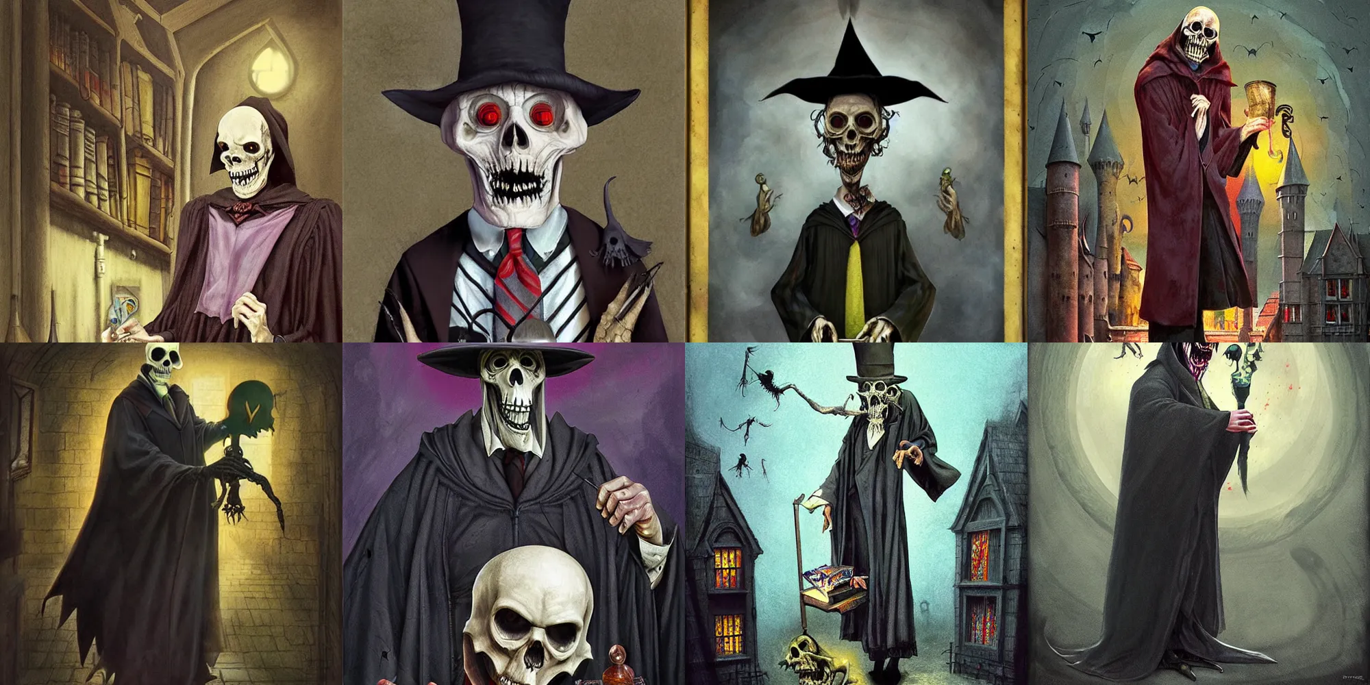 Prompt: The Reaper as a scary, but quirky, eccentric professor in Hogwarts School of Witchcraft and Wizardry, detailed, hyperrealistic, colorful, cinematic lighting, digital art by Paul Kidby’