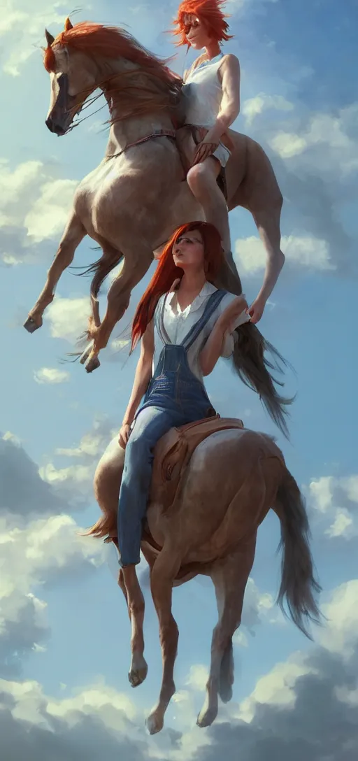 Image similar to southern ginger woman in ripped overalls riding a horse with a white mane, airbrushed, hazy, gentle, soft lighting, wojtek fus, by makoto shinkai and ilya kuvshinov,