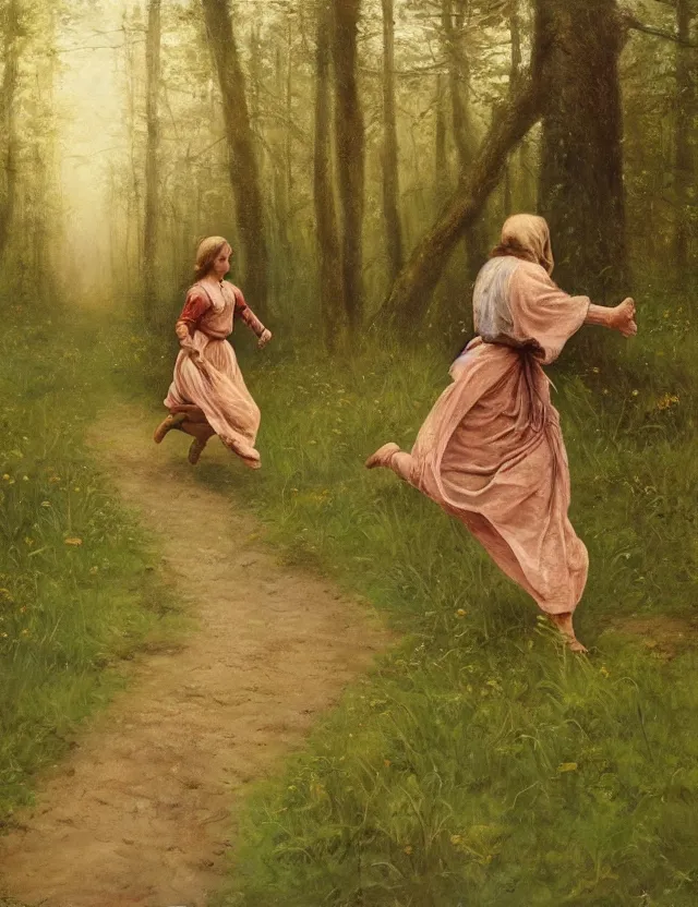 Prompt: two peasant girls running in the forest, motion photo, Cottage core, Cinematic focus, Polaroid photo, vintage, neutral colors, soft lights, foggy, by Steve Hanks, by Serov Valentin, by lisa yuskavage, by Andrei Tarkovsky, by Terrence Malick, by Krenz Cushart, 8k render, detailed, oil on canvas