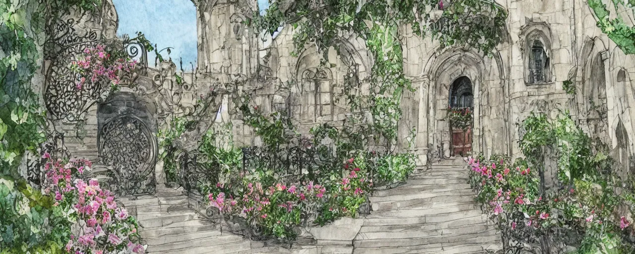 Prompt: huge flower, courtyard walkway, castle, stairway, chairs, wrought iron, gate, tree, delicate, botanic garden, road, botanical herbarium paper, watercolor colored painting, iridescent colors, 8 k, realistic shaded, fine details, artstation, italian style, colonnade