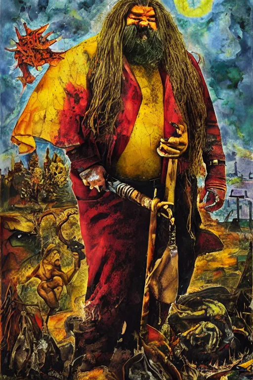 Image similar to surreal a hulking herculean hagrid in a post apocalyptic hellscape, esoteric symbolism, intense emotional power, red yellow black, palette knife oil painting by peter booth and william blake