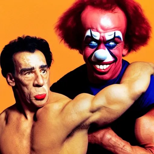 Image similar to UHD candid color photo of Joe Rogan holding Clown Arnold Schwarzenegger in a choke hold, accurate faces, UHD, photorealistic, correct faces, photo by Annie Leibowitz