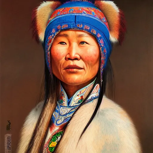 Image similar to portrait of an asian yakuts woman ( 3 5 ) from yakutia, sakha republic, russia in 2 0 2 1, an oil painting by ross tran and thomas kincade