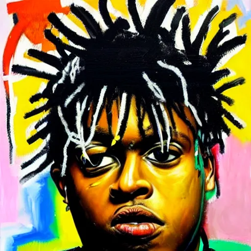 Image similar to detailed neo expressionism oil painting of sad boy juice wrld rapper by basquiat