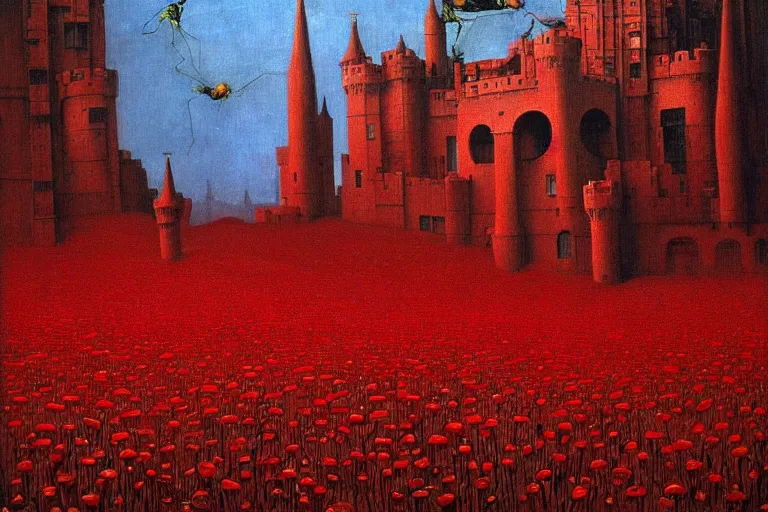 Image similar to only with red, red flowers of different types, a red tiger, a castle in the background, medieval demons dance over the flowers, an ancient path, in the style of beksinski, part by hopper, part by rodcenko, part by hofbauer, intricate composition, red by caravaggio, insanely quality, highly detailed, masterpiece, red light, artstation