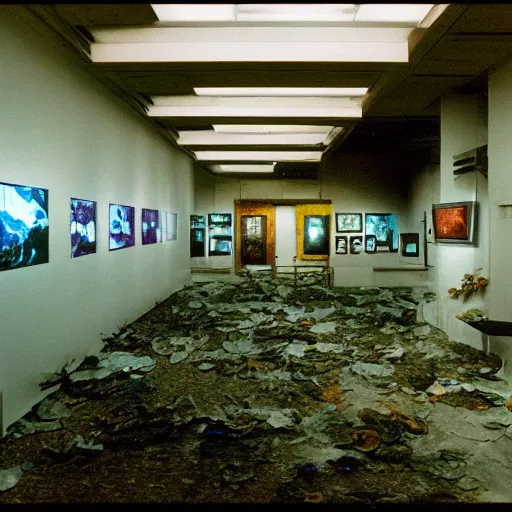 Prompt: an abandoned creepy dried aquarium, museum exhibition, 1 9 8 0 s computers, computer monitors, illuminated displays of computer screensavers, crystal refraction of light, stanchions, photo taken on fujifilm superia film, 3 5 mm film, aquatic devices