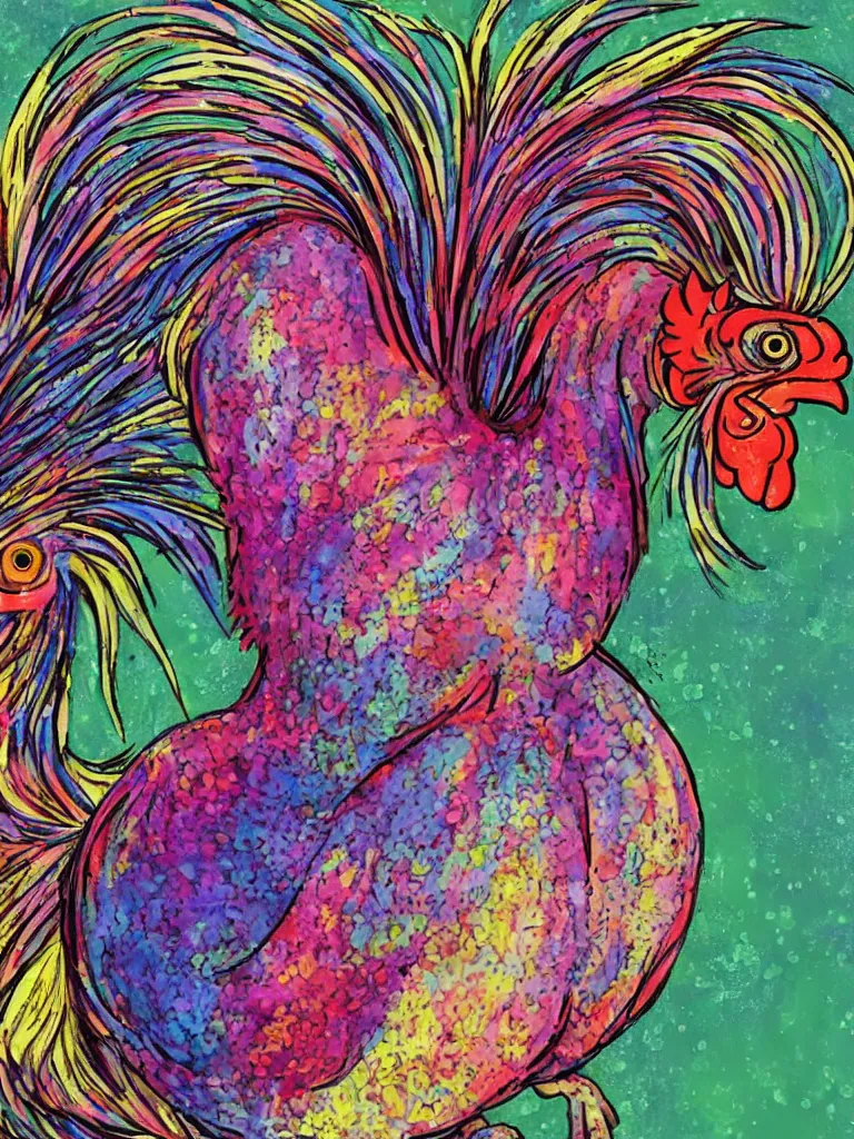 Prompt: 'a painted Easter egg that is imagining becoming a chicken as imagined by a iridescent rooster as imagined by a cat that is laying half asleep on the windowsill as the mentally ill geek girl reads the cat's thoughts concerning the iridescent rooster is imagining a beautiful painted Easter egg that is imagining turning into a chicken.', an image of a pretty Latina geek girl with light tan skin and straight dyed blonde hair wearing casual at home clothes. 3D render at 16K resolution. epically surreally epic image. rendering amazing detail. vivid clarity. ultra shadowing. mind-blowing quality.