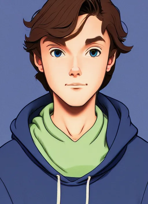 Image similar to teen boy with brown hair and big blue eyes, wearing a hoodie, natural lighting, path traced, highly detailed, high quality, cartoon, digital painting, by don bluth and ross tran and studio ghibli and alphonse mucha