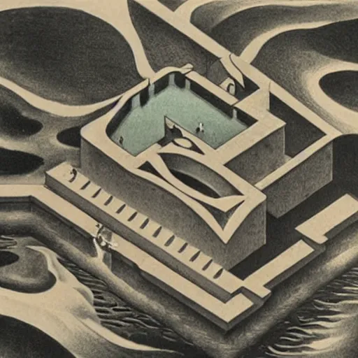 Image similar to M.C. Escher painting of an infinity pool on the edge of the Atlantic Ocean