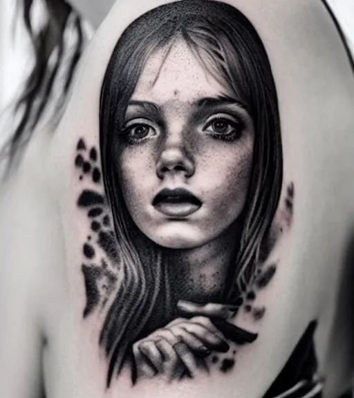 Image similar to a beautiful girl portrait, faded mountain background, realism tattoo, in the style of den yakovlev, black and white, hyper realistic, highly detailed