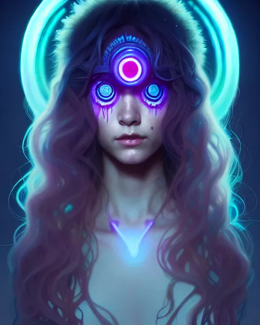 Prompt: one singular portrait of a cute bioluminescent druid with glowing eyes, highly detailed, digital painting, cinematic, hyper realism, dark retrowave, art by stanley lau and artgerm and magali villeneuve and alphonse mucha, artstation, octane render, cgsociety