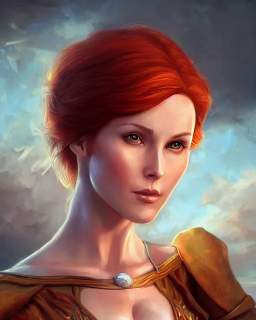 Prompt: a stunning portrait of triss merigold as princess, digital art by julie bell and artgerm and ross tran and angel ganev, medium shot portrait, highly detailed, trending on artstationhq