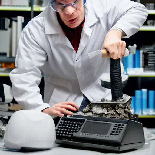 Prompt: a scientist smashing a computer with a giant hammer